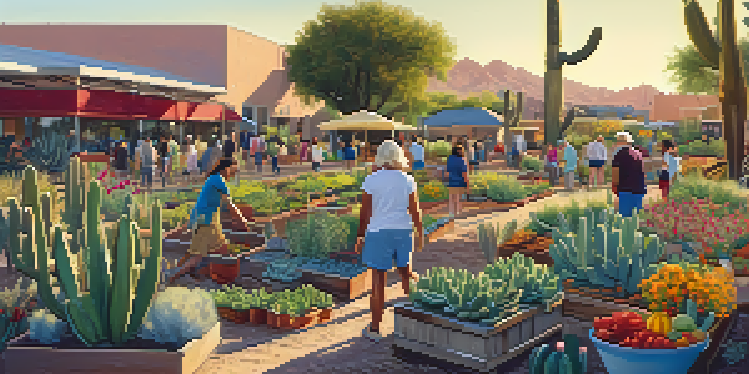 A community garden in Tucson with diverse residents gardening among colorful vegetables and flowers under warm sunlight.