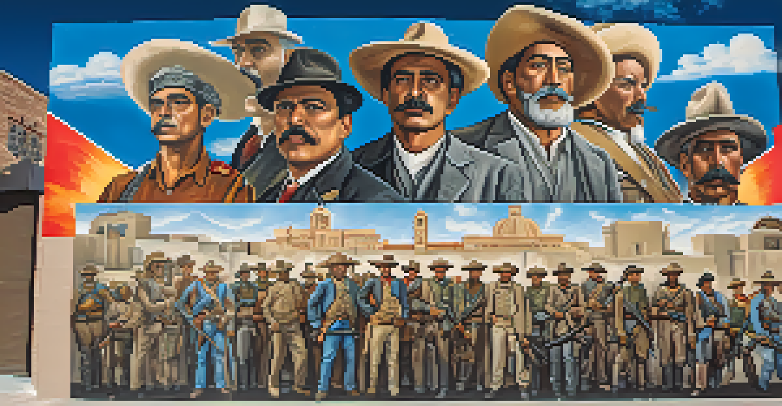 A mural of the Mexican Revolution with historical figures and symbols on a large wall against a blue sky.