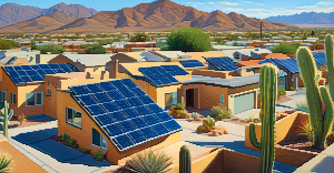 A sunny neighborhood in Tucson with homes featuring solar panels on their roofs, surrounded by desert plants and cacti under a clear blue sky.