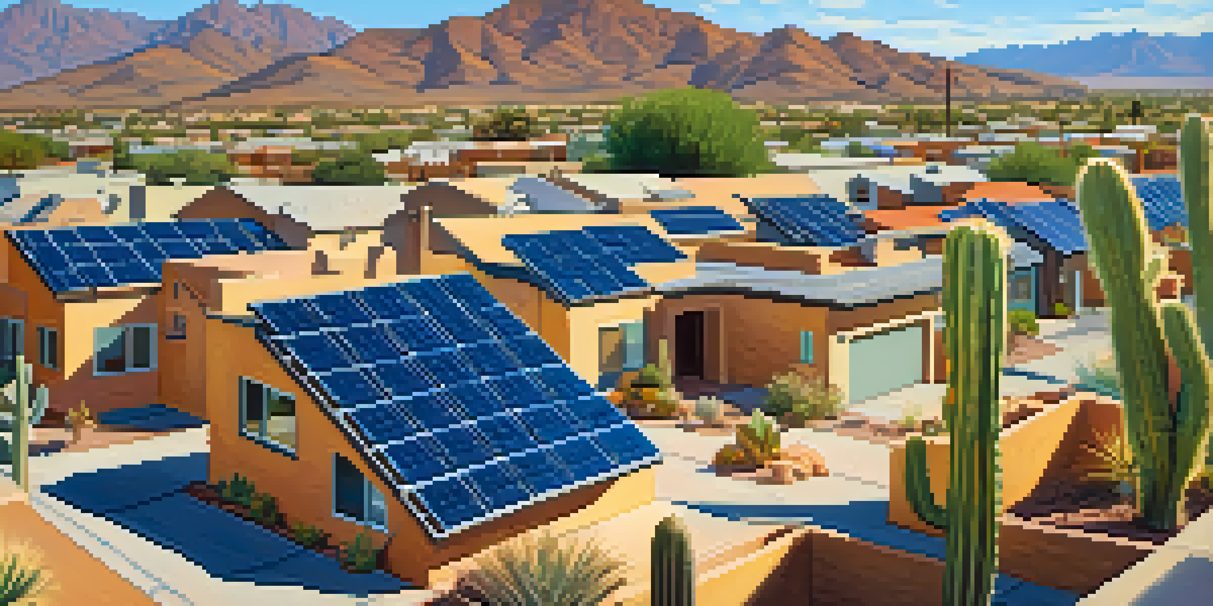 A sunny neighborhood in Tucson with homes featuring solar panels on their roofs, surrounded by desert plants and cacti under a clear blue sky.