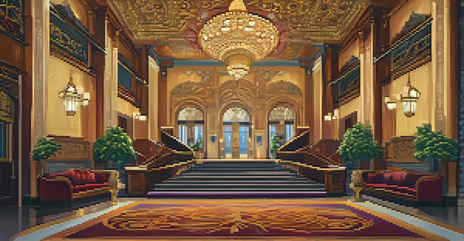 The grand lobby of the Fox Theatre with a beautiful staircase, murals, and chandeliers.