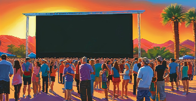 A lively outdoor scene at a Tucson film festival with a diverse crowd watching a film on a large screen, surrounded by colorful decorations and a beautiful sunset.