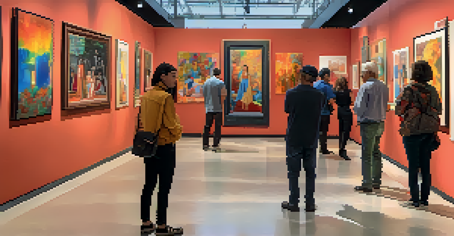 Visitors admiring diverse artworks at an art exhibition in the University of Arizona, with colorful displays and a lively atmosphere.
