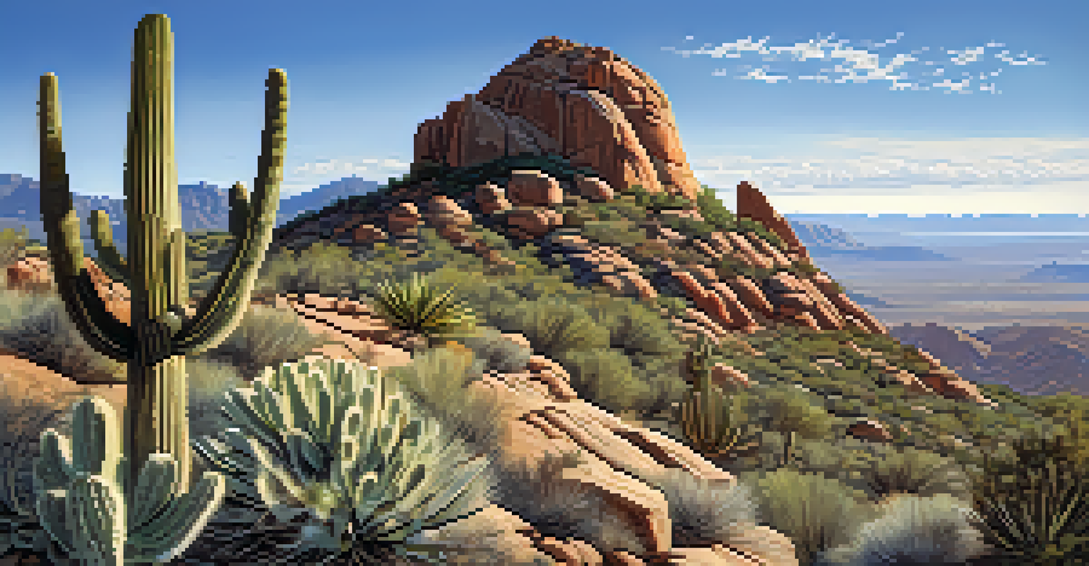 The Finger Rock formation against a blue sky, with a rocky path and desert plants in the foreground.