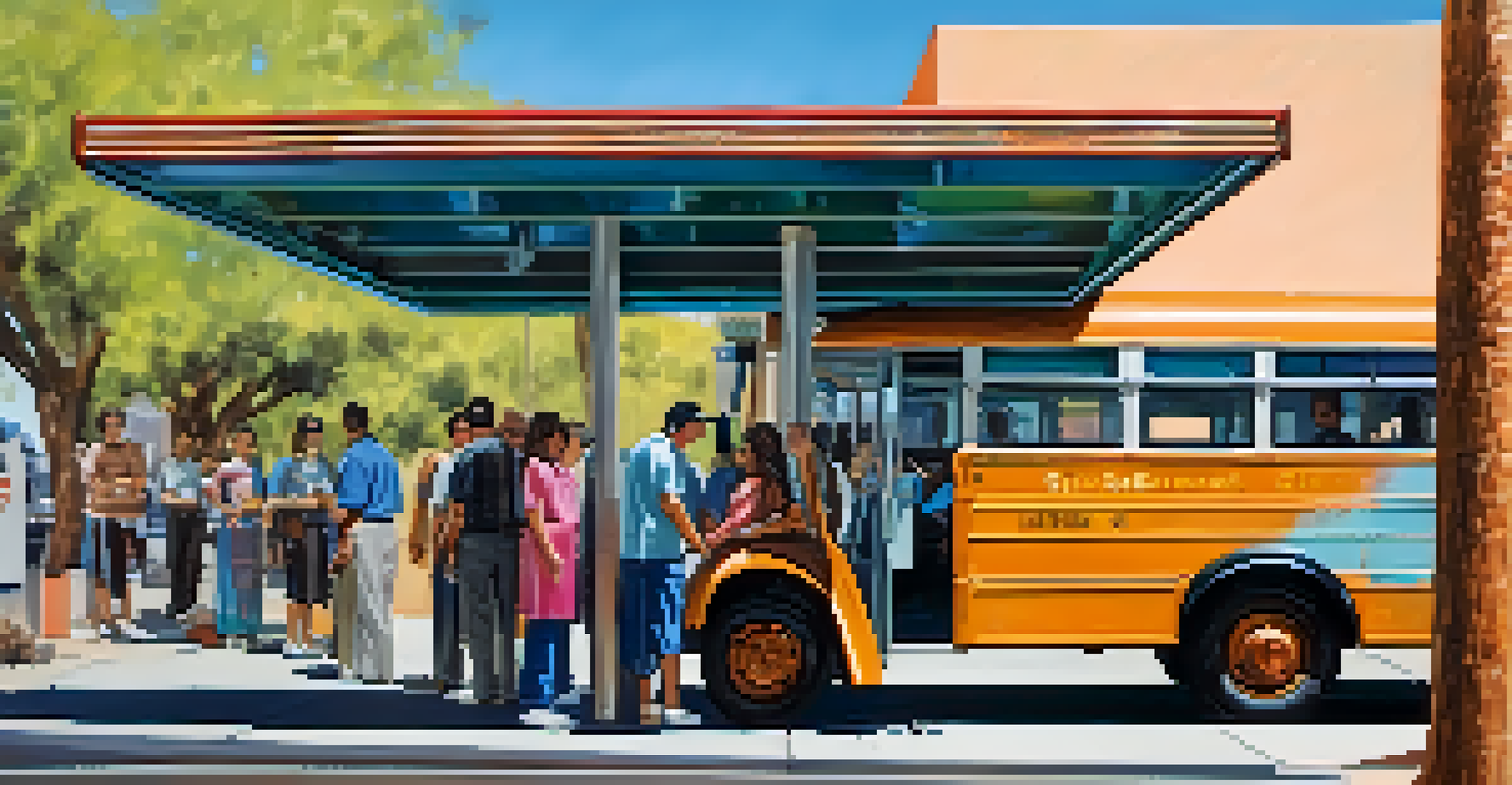 A 1960s Tucson bus stop scene with a retro bus and diverse individuals waiting, showcasing the lively atmosphere of public transit.