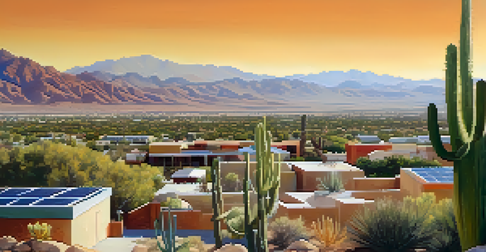 A wide view of Tucson with solar panels on rooftops and mountains in the background under a bright blue sky.