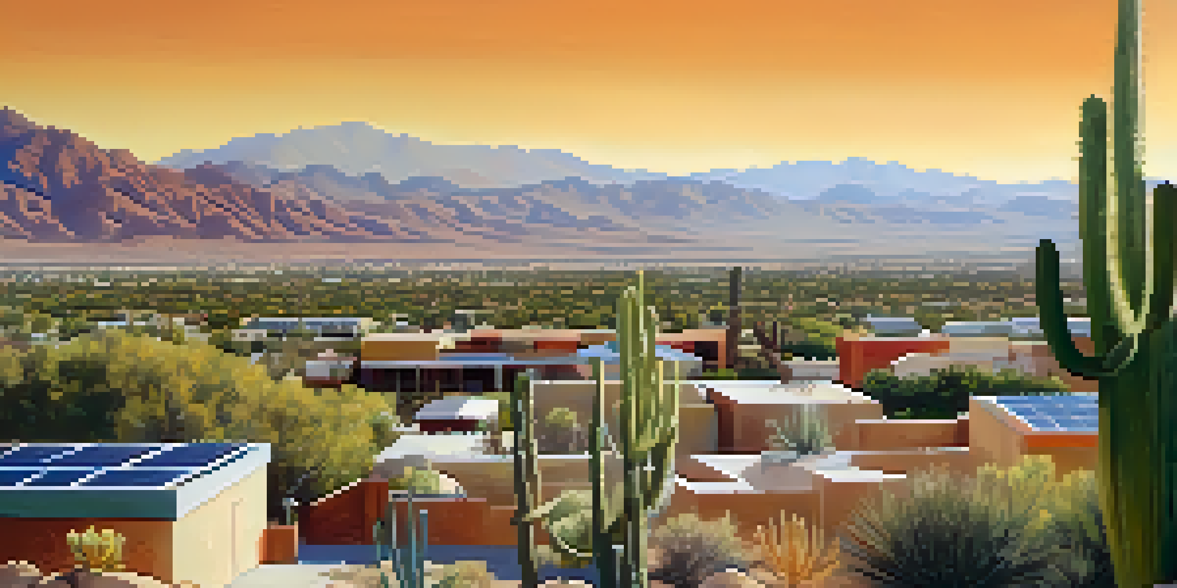 A wide view of Tucson with solar panels on rooftops and mountains in the background under a bright blue sky.