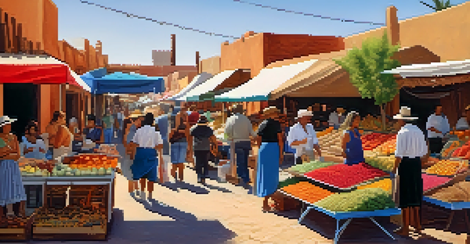A vibrant outdoor market in Tucson with colorful stalls selling textiles and produce, lively people interacting, and historic adobe buildings in the background.