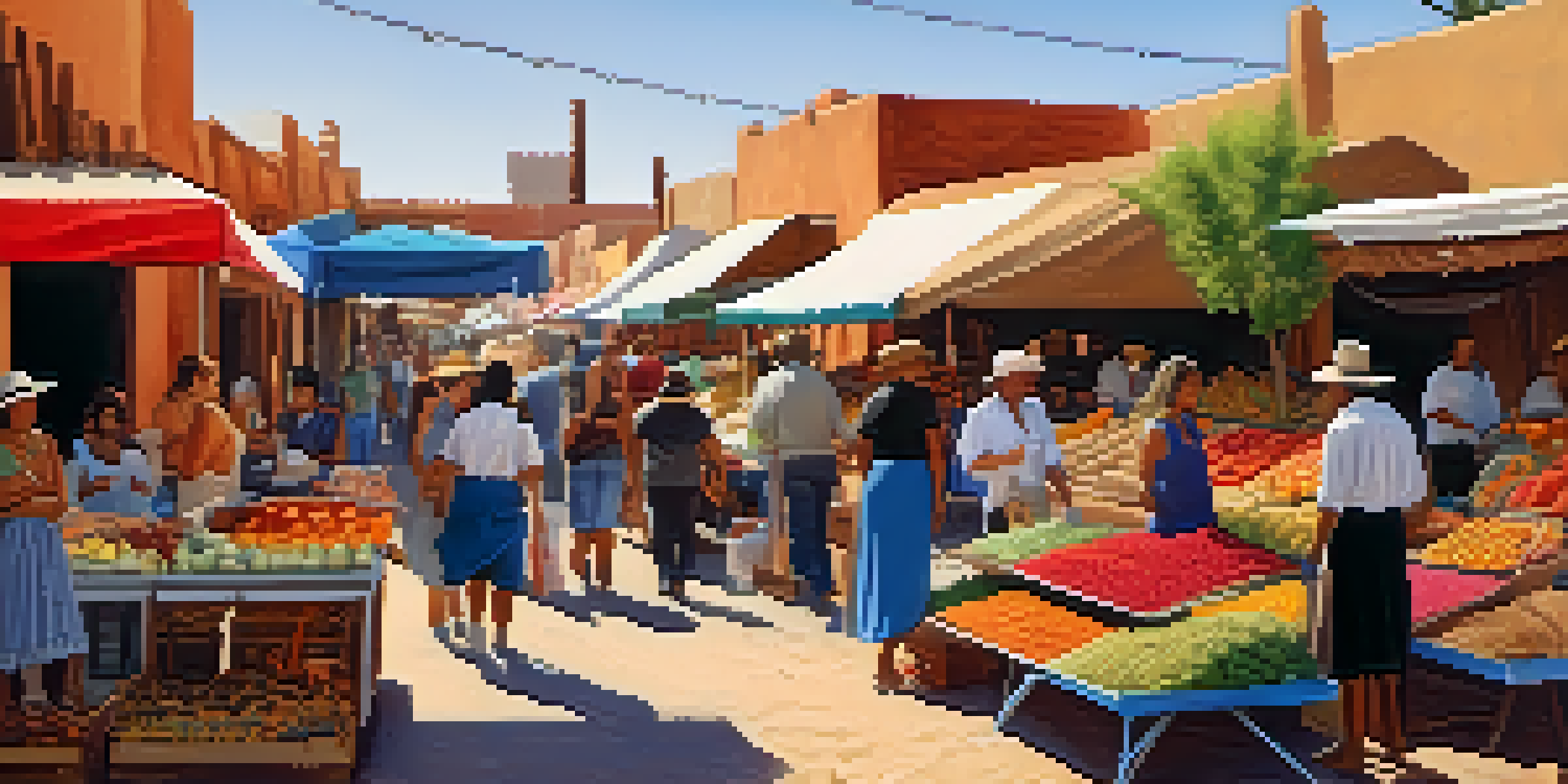 A vibrant outdoor market in Tucson with colorful stalls selling textiles and produce, lively people interacting, and historic adobe buildings in the background.