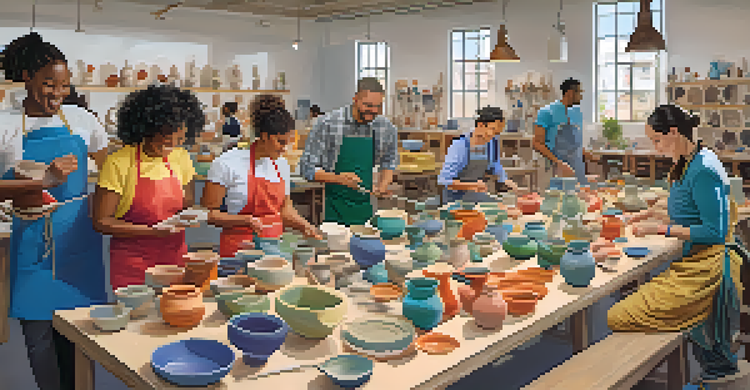 A community pottery workshop in Tucson with diverse participants creating ceramic pieces in a bright studio filled with art.