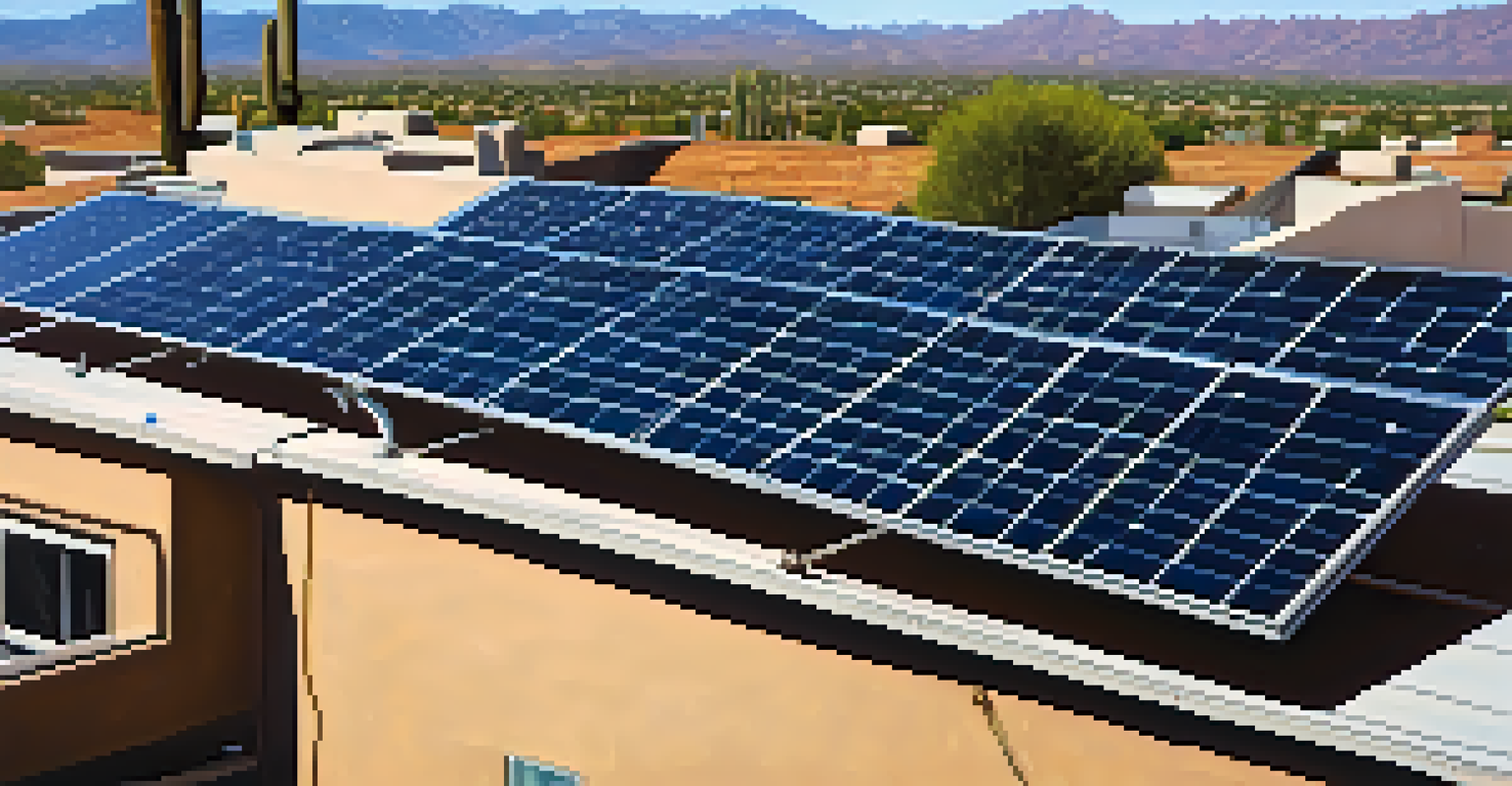 Close-up of a solar panel on a rooftop in Tucson, with mountains in the background and sunlight reflecting off the panel.