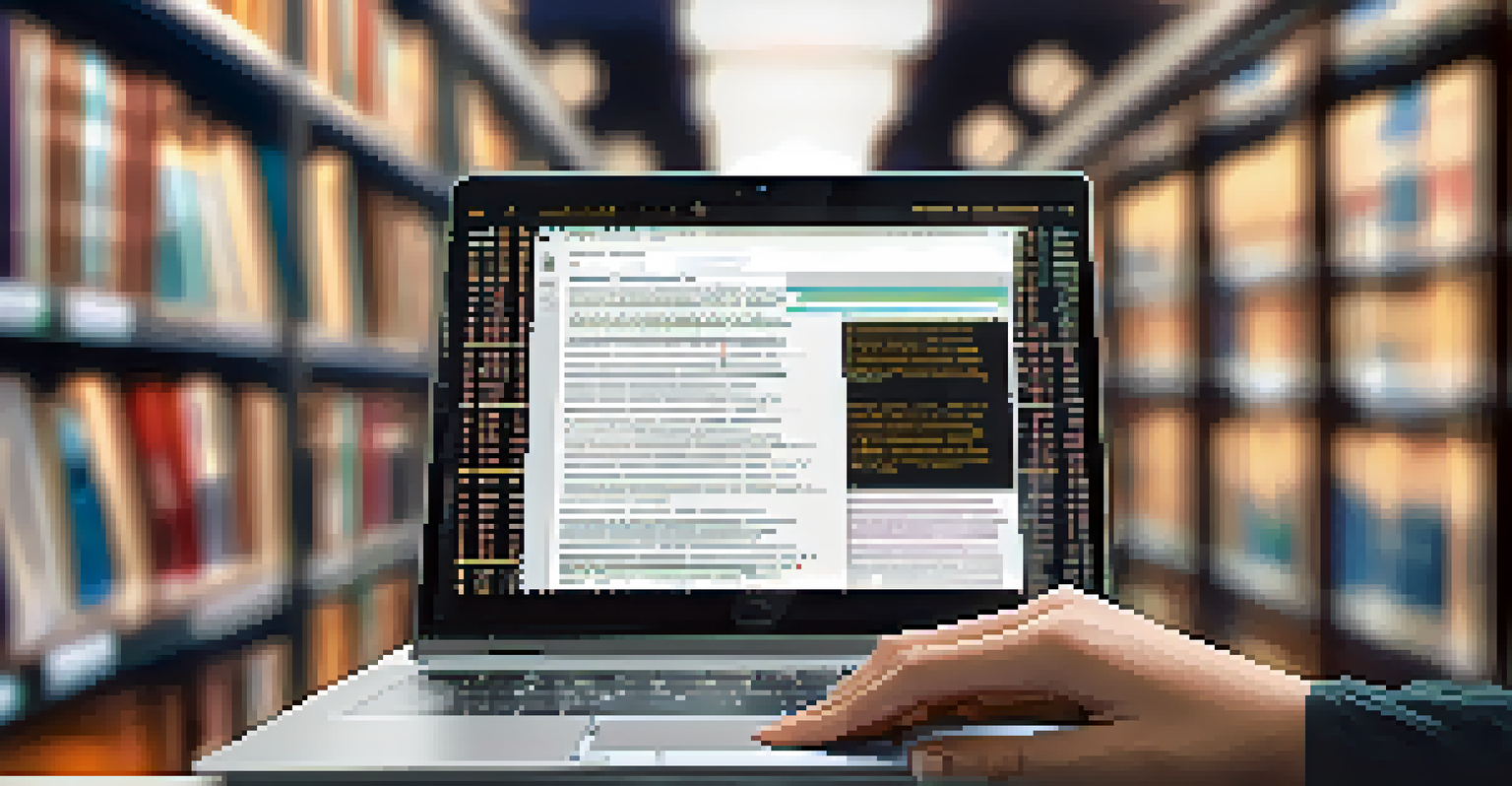 Close-up of a student's hands typing on a laptop, with a digital interface showing code and data analysis, in a university library.