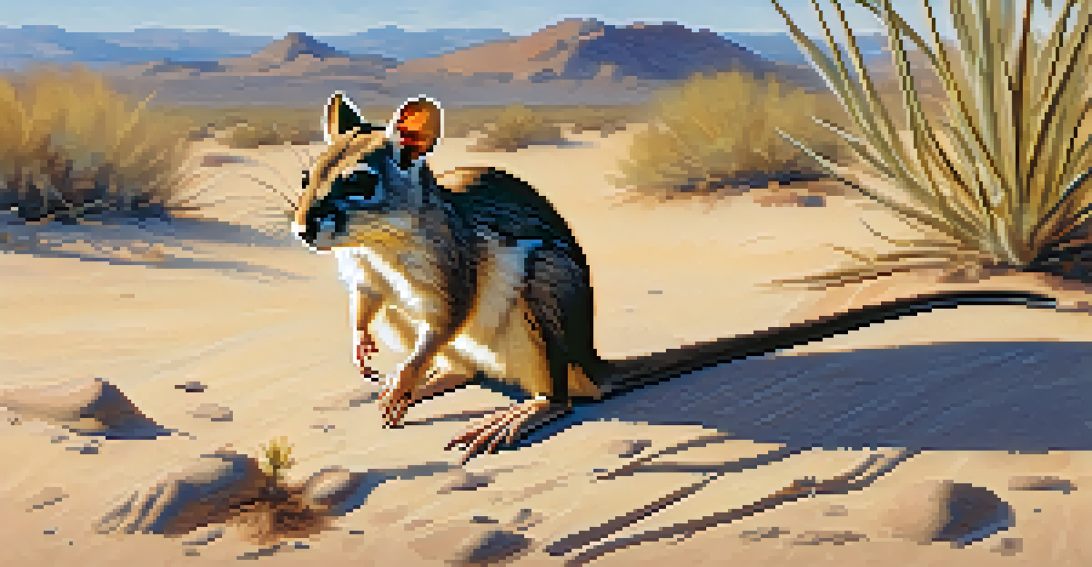 Close-up of a kangaroo rat in the desert, nibbling on a seed amidst dry soil and sparse plants.