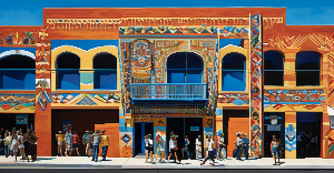 A colorful mural on a building in downtown Tucson, depicting cultural motifs and patterns with pedestrians in the foreground.