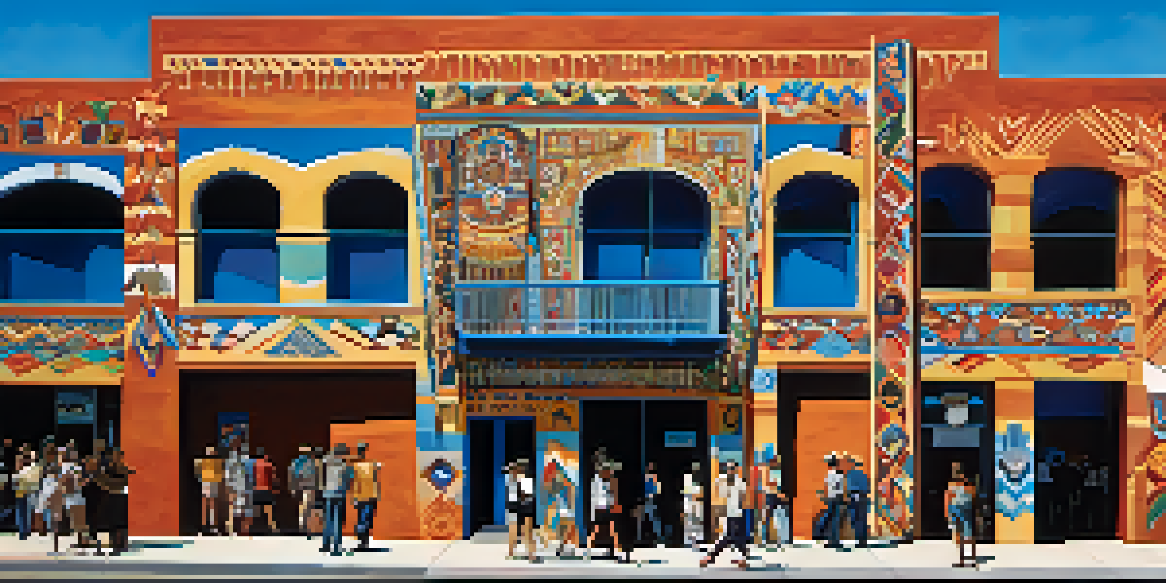 A colorful mural on a building in downtown Tucson, depicting cultural motifs and patterns with pedestrians in the foreground.