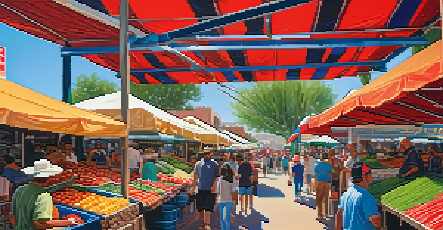 A vibrant local market in Tucson with diverse food stalls and people enjoying the atmosphere.