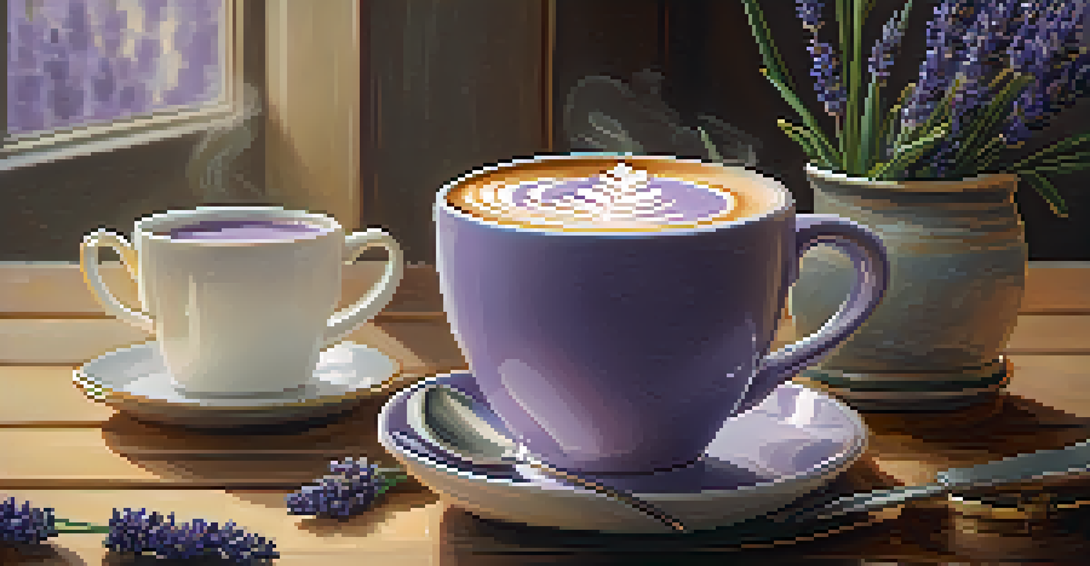 A close-up of a Lavender Latte in a ceramic cup with lavender sprigs, set on a wooden table in a cozy café.