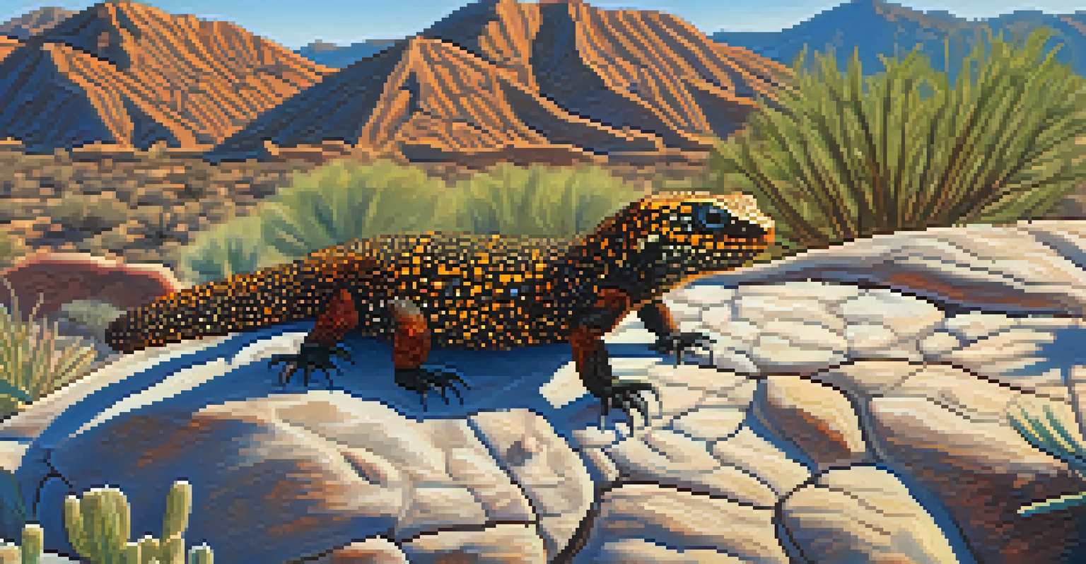 A close-up view of a Gila Monster on rocky ground in the Tucson desert, showcasing its colorful scales and habitat.