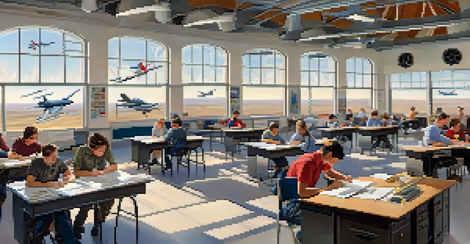 Students in a university classroom learning about aviation with models and simulators.