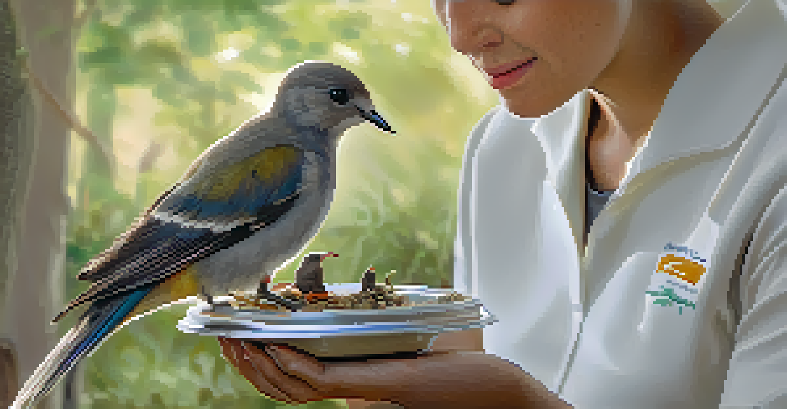 A volunteer feeding a baby bird with a soft expression, showcasing the delicate features of the bird and the caring environment.