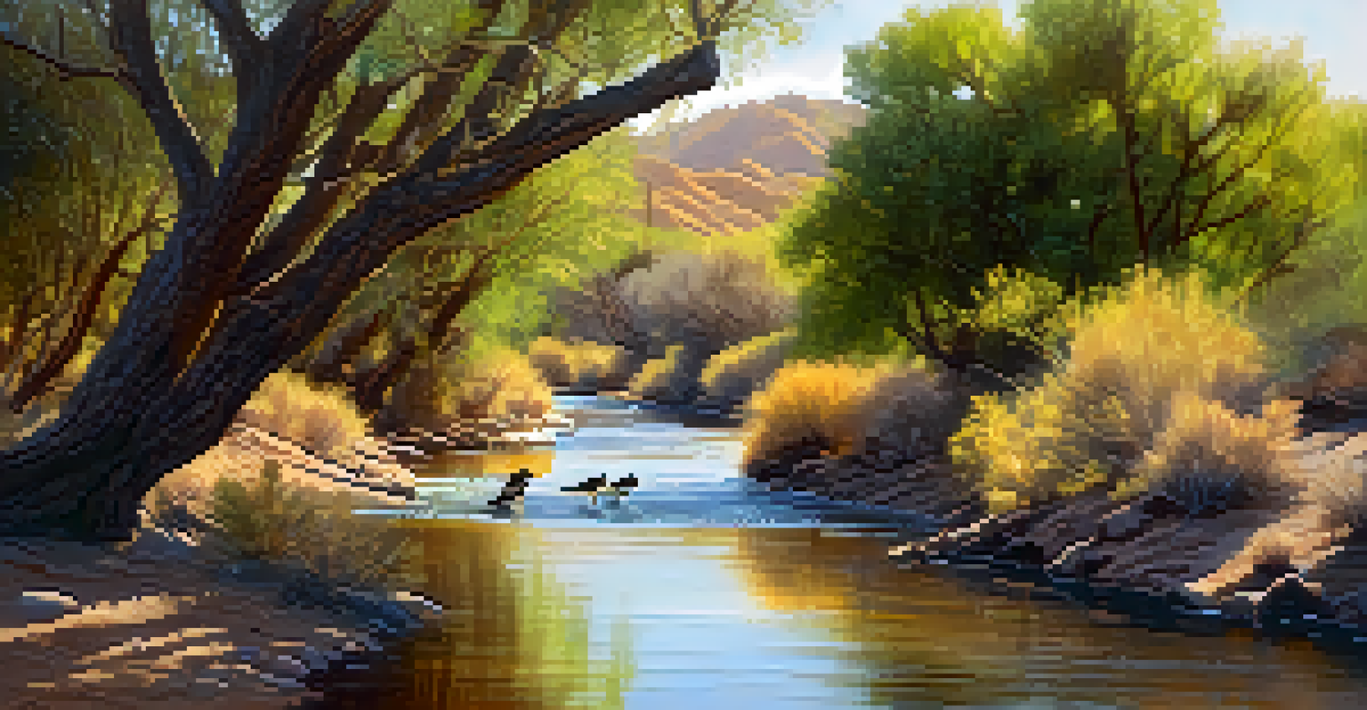 The restored Santa Cruz River in Tucson with clear water, native plants, and birds in a golden sunlight ambiance.