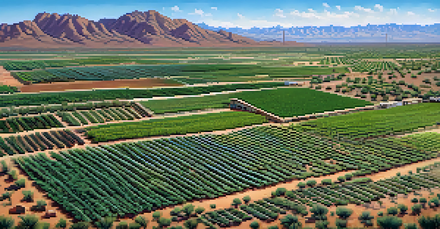 Aerial view of a sustainable farm in Tucson with crops and native plants set against a desert backdrop.