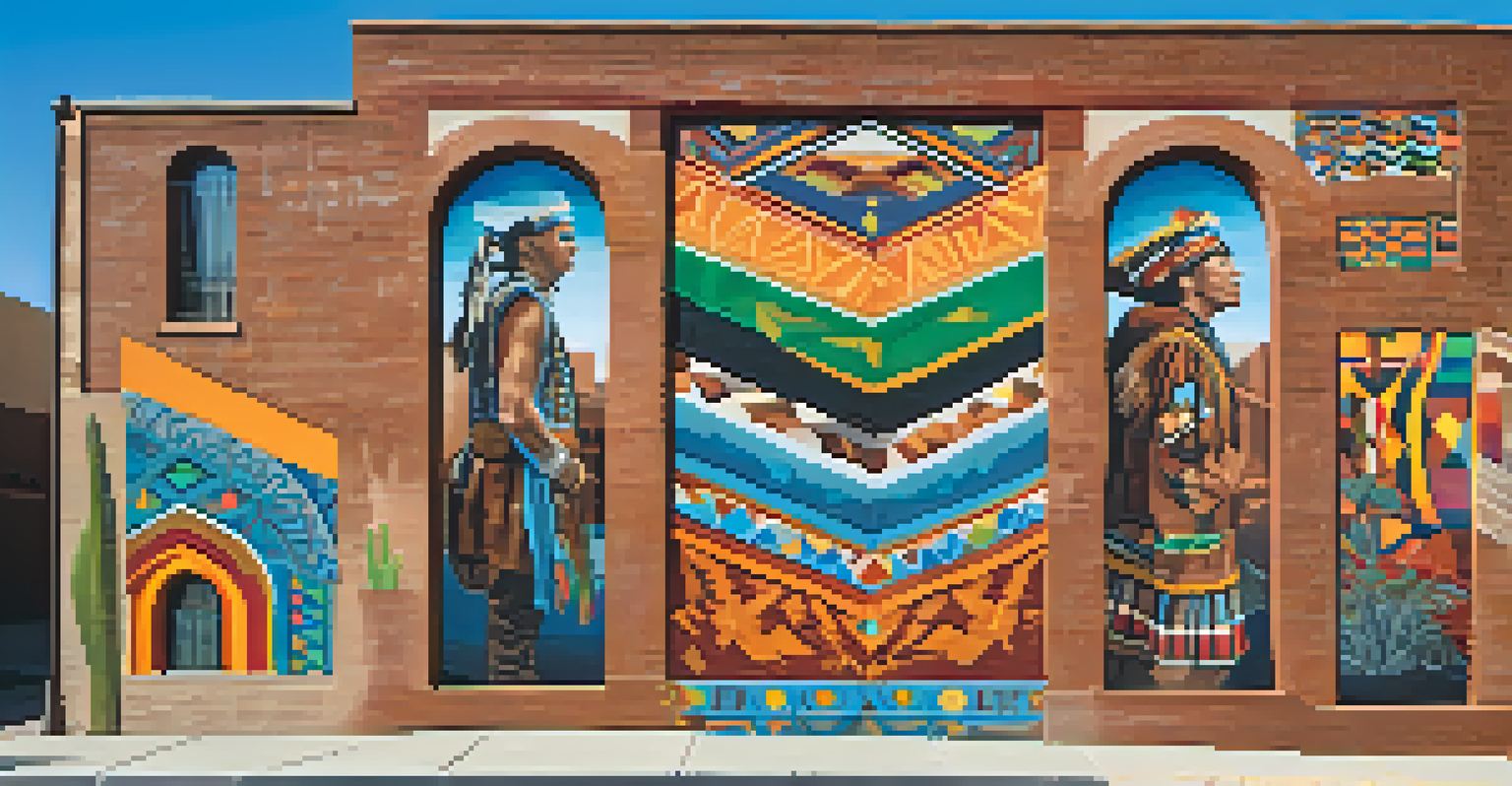 A colorful mural in downtown Tucson showcasing Indigenous and Hispanic cultural elements with people admiring it.