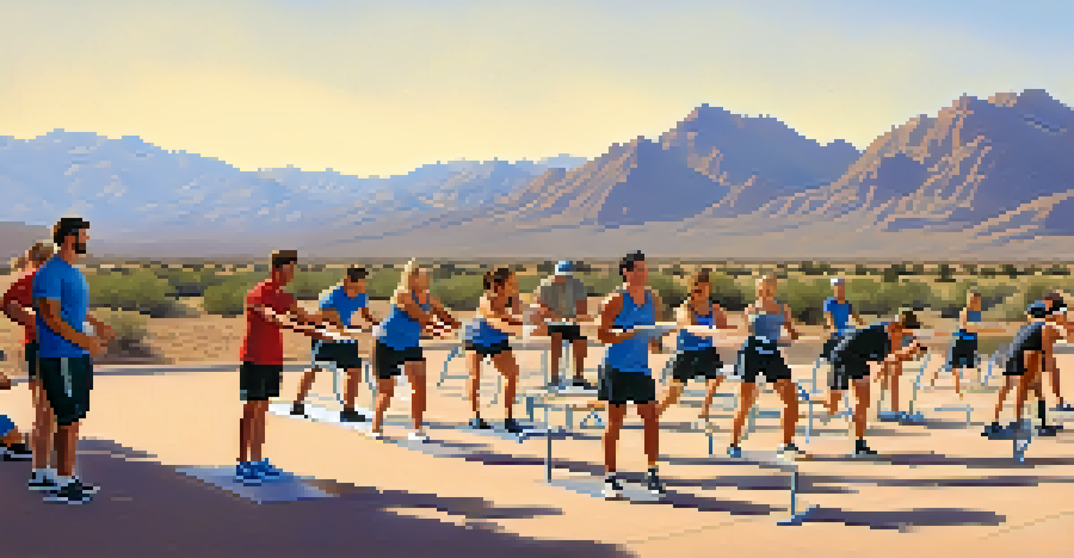 A group of athletes participating in an outdoor strength training session in Tucson, with a coach leading the exercise and hydration stations in the background.