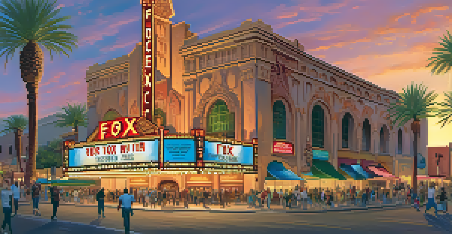 A street scene of Tucson's Fox Theatre at sunset with people enjoying an outdoor event, colorful banners, and desert plants.
