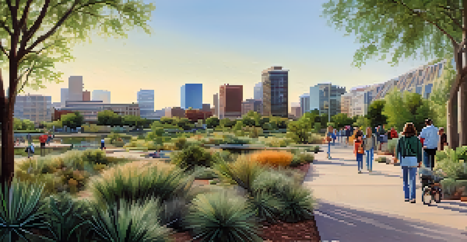 An urban park in Tucson featuring native plants and people enjoying nature amidst city buildings.