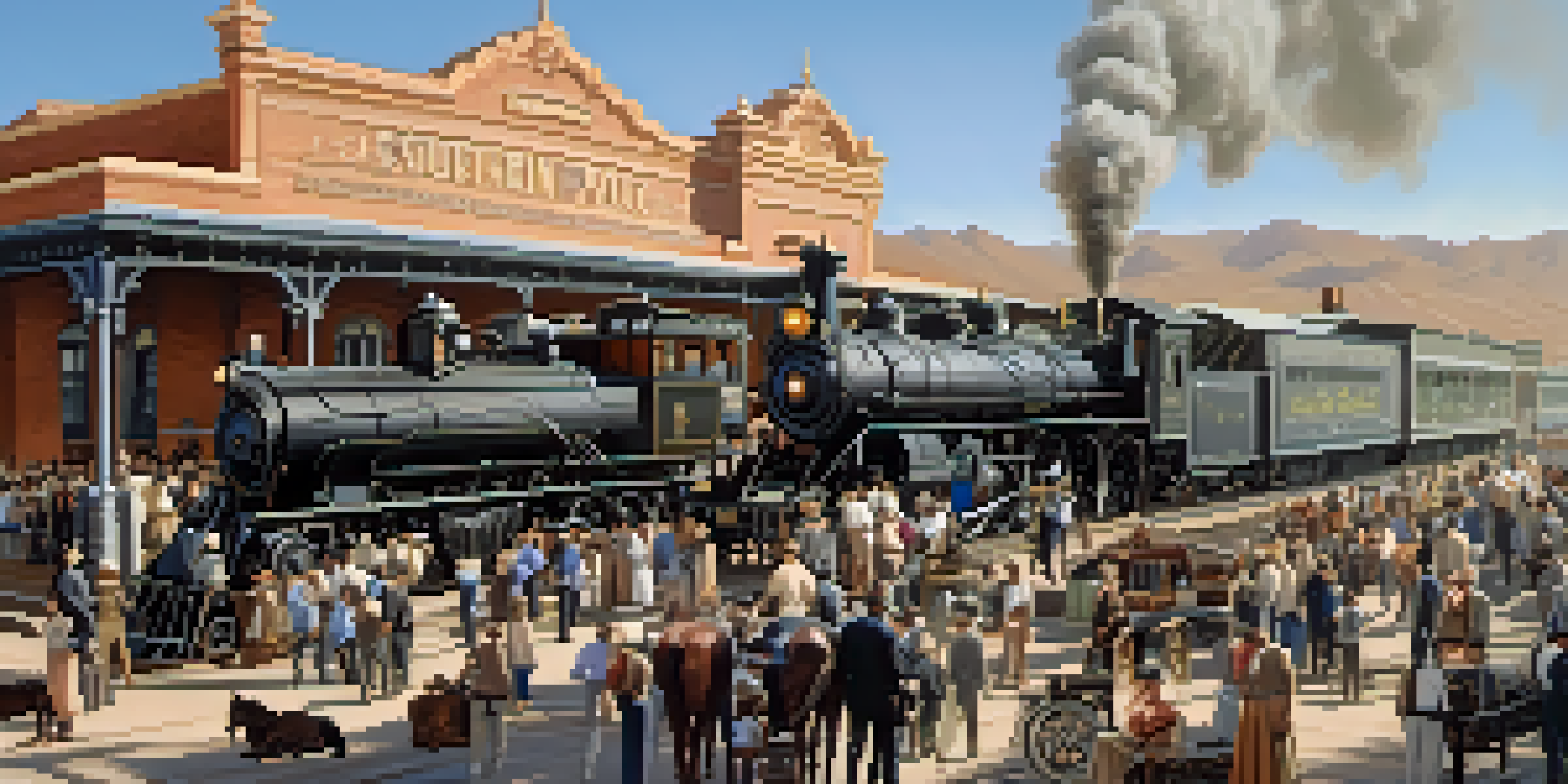 A black and white historic photograph depicting the Southern Pacific Railroad station in Tucson with steam locomotives and people.