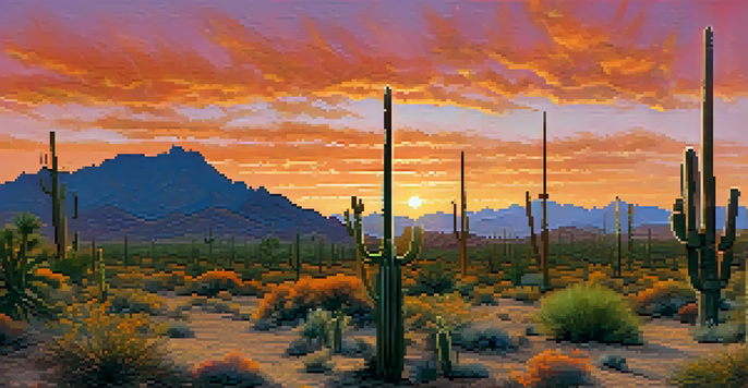 A panoramic view of the Sonoran Desert at sunset with silhouetted saguaro cacti and a vibrant sky in shades of orange and pink.