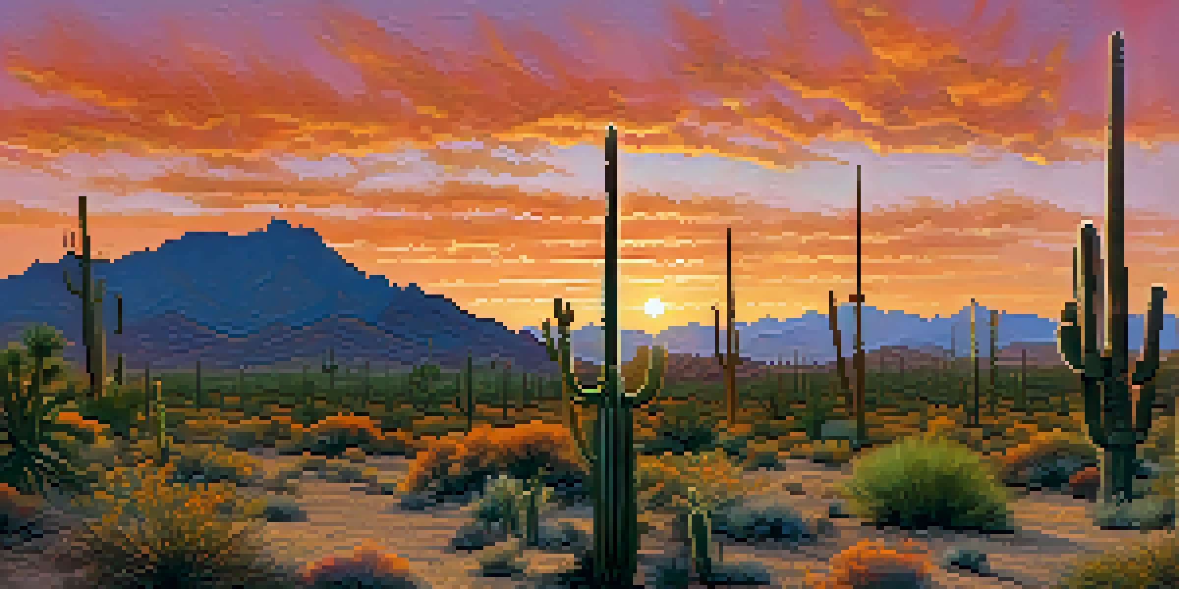 A panoramic view of the Sonoran Desert at sunset with silhouetted saguaro cacti and a vibrant sky in shades of orange and pink.