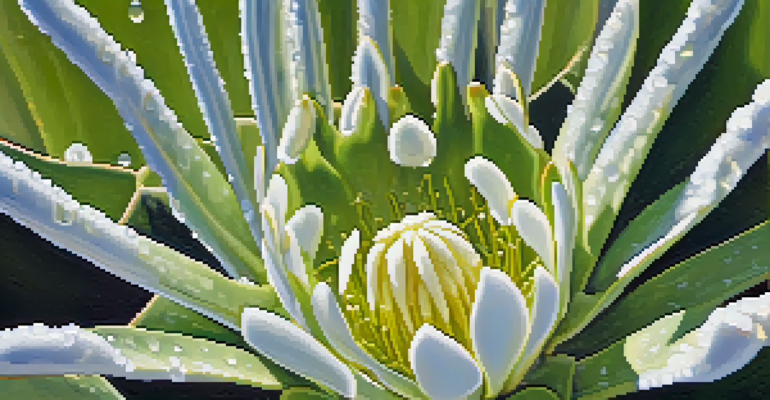 A close-up of a blooming saguaro cactus with white flowers and dew drops in the morning light, surrounded by desert plants.
