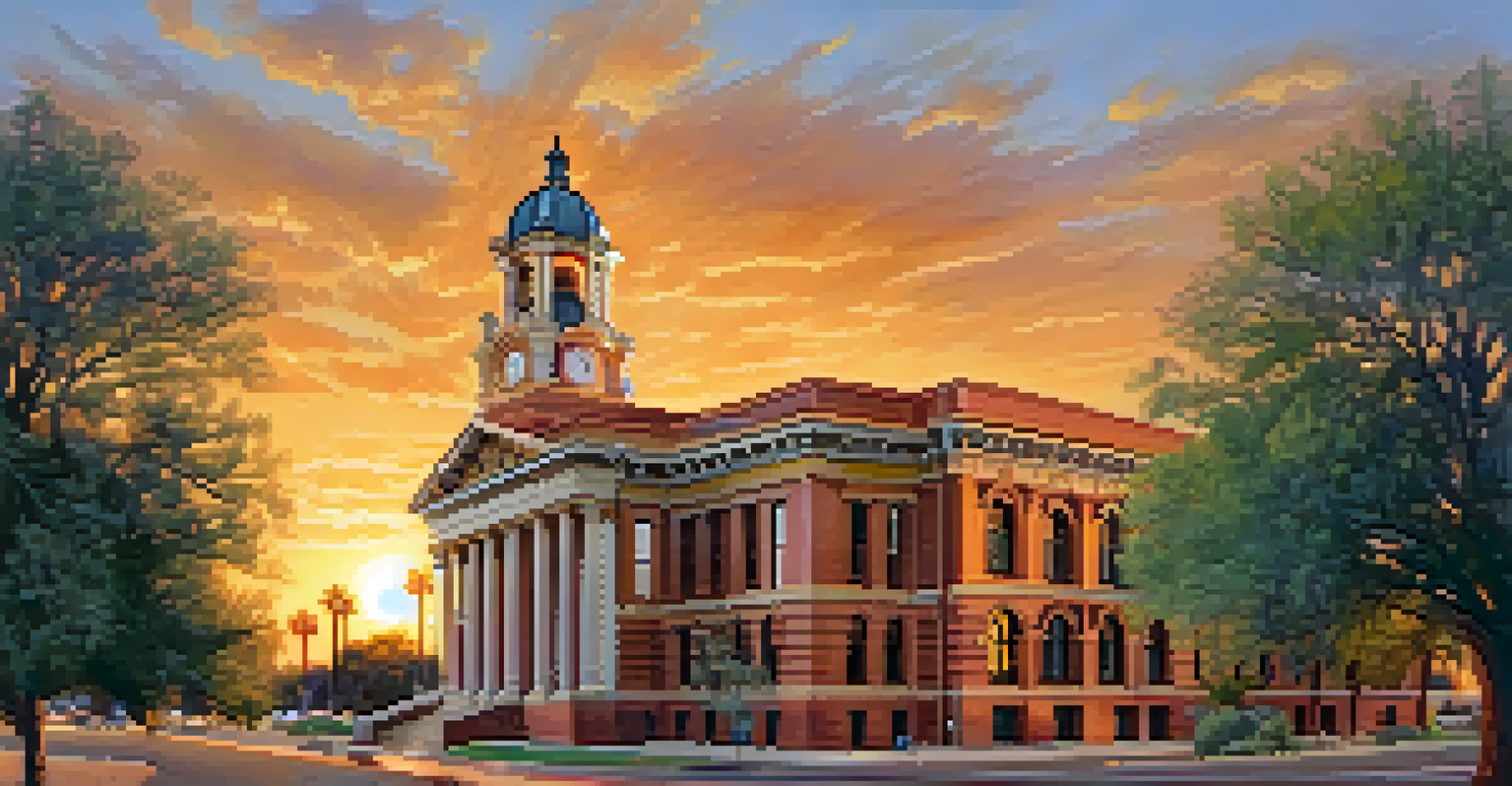 A sunset view of the Pima County Courthouse, emphasizing its architectural details illuminated by golden light, with a colorful sky in the background.