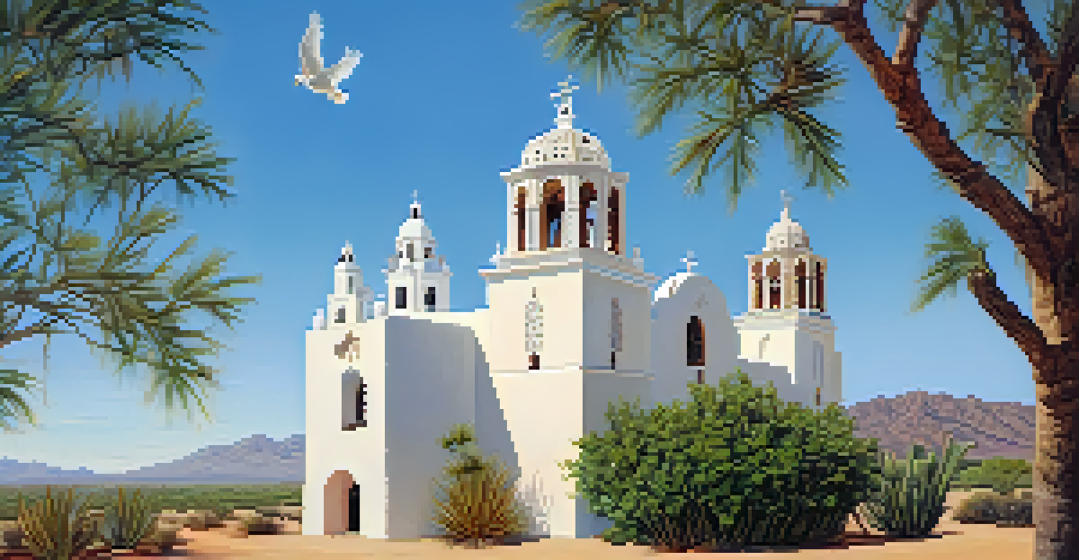 A detailed view of Mission San Xavier del Bac showcasing its unique architecture surrounded by desert plants.