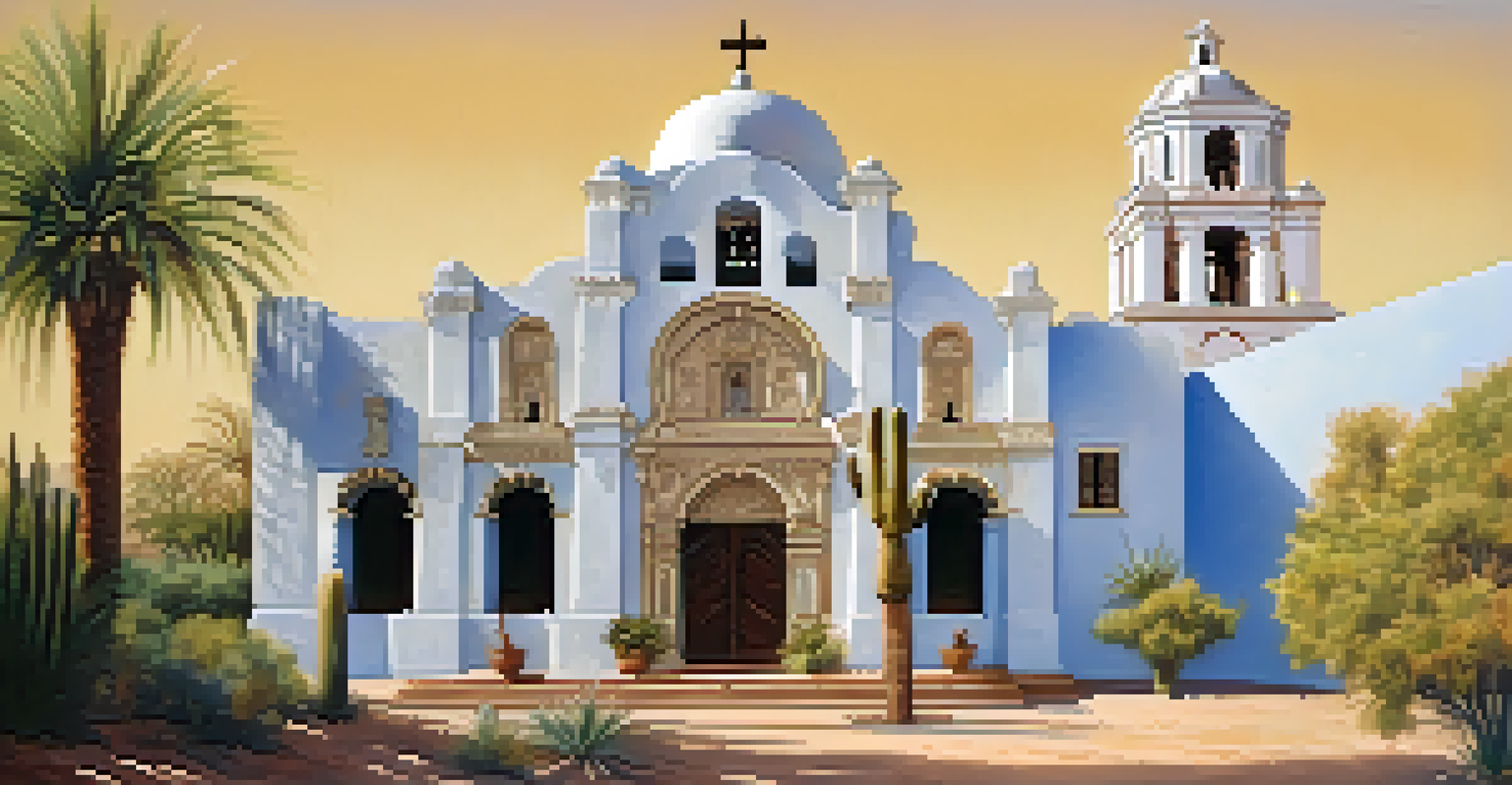 The stunning facade of Mission San Xavier del Bac surrounded by desert plants and a clear blue sky.