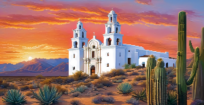 A scenic view of Mission San Xavier del Bac with its white facade illuminated by the sunset, surrounded by cacti and desert plants.