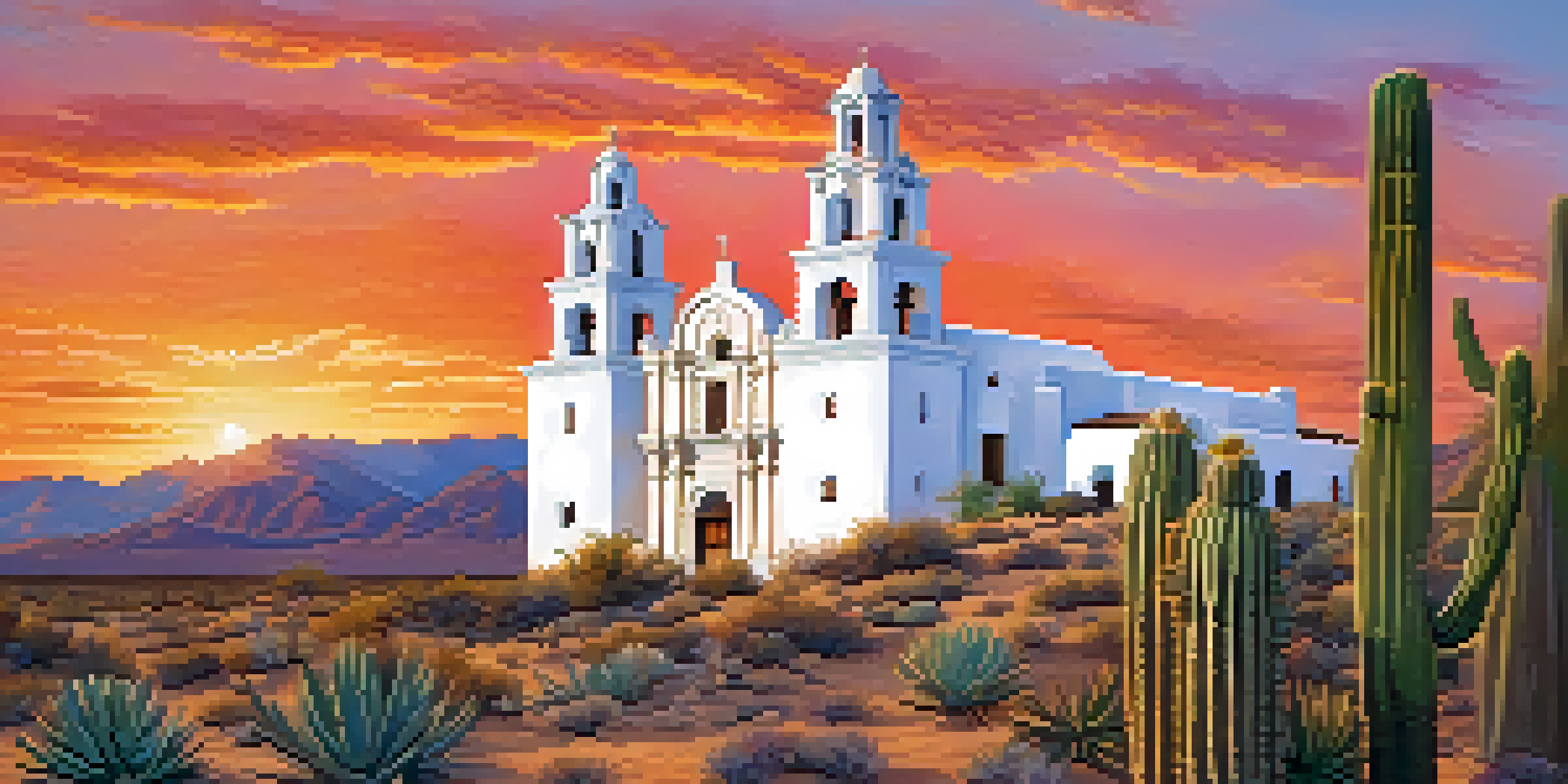 A scenic view of Mission San Xavier del Bac with its white facade illuminated by the sunset, surrounded by cacti and desert plants.