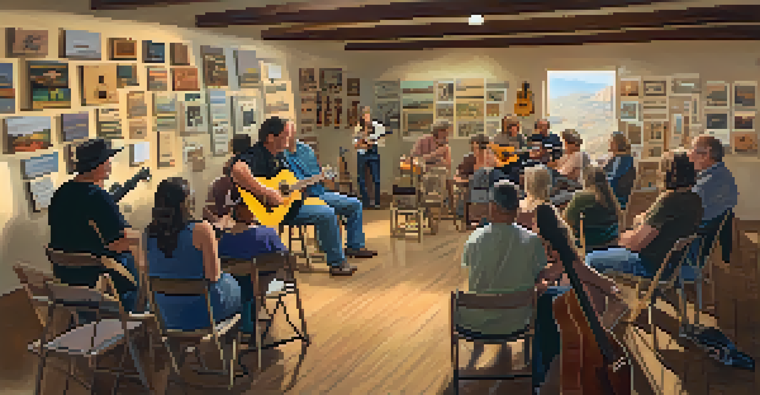 A cozy workshop where a musician teaches guitar to a diverse group of participants, surrounded by musical decor.