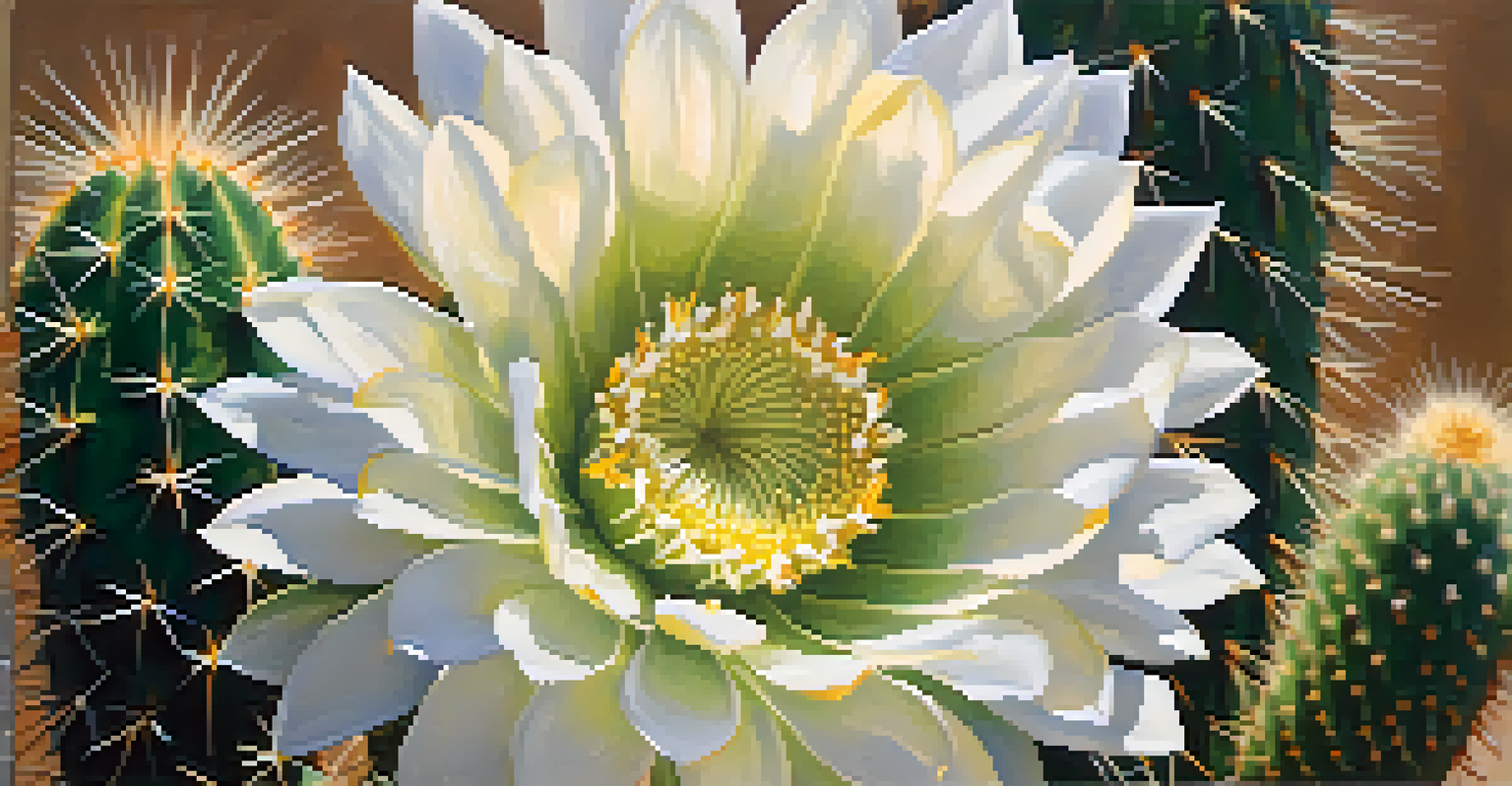 A close-up of a blooming saguaro cactus with white flowers against a blurred background, highlighting its green texture.