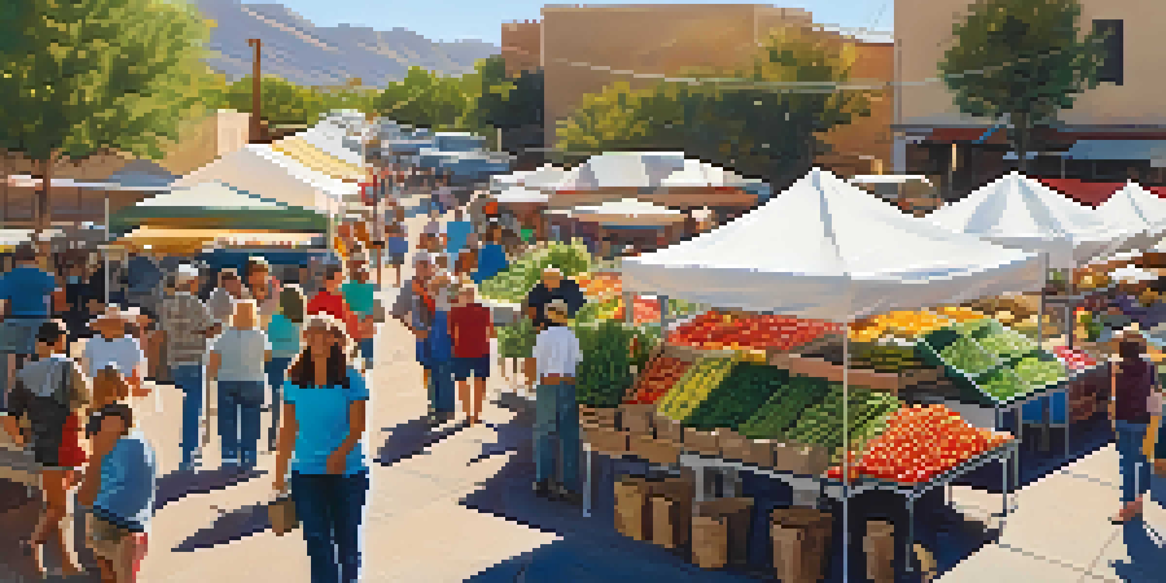 A bustling farmers' market in Tucson showcasing fresh produce and happy customers interacting.
