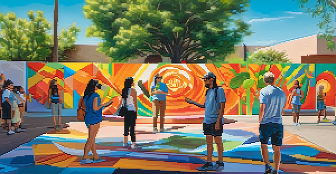 A lively urban park in Tucson showcasing a colorful public art installation with people interacting with augmented reality features under a sunny sky.