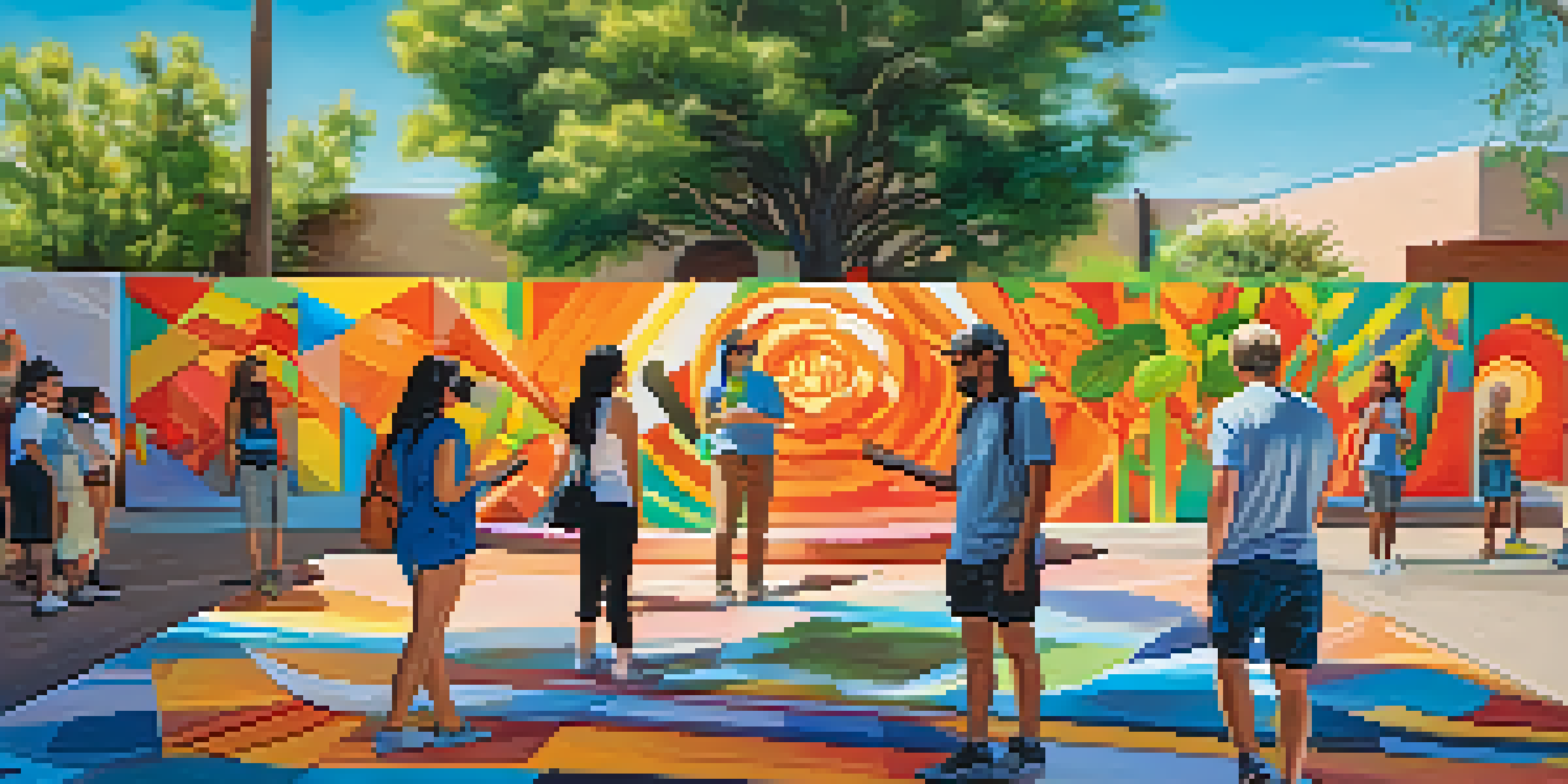 A lively urban park in Tucson showcasing a colorful public art installation with people interacting with augmented reality features under a sunny sky.