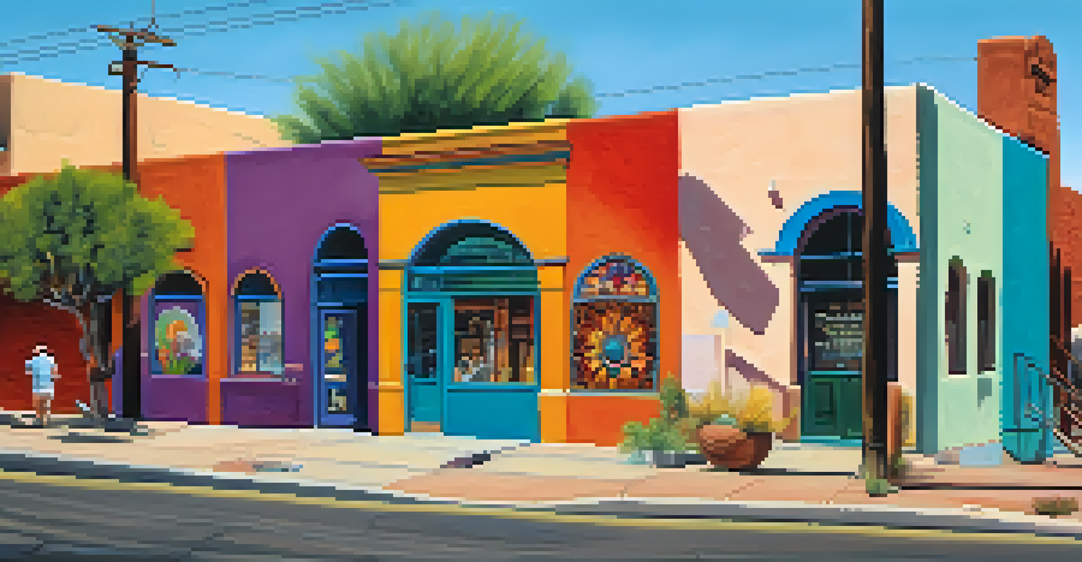 A vibrant view of Tucson's Arts District with colorful murals on buildings and people walking down the street.