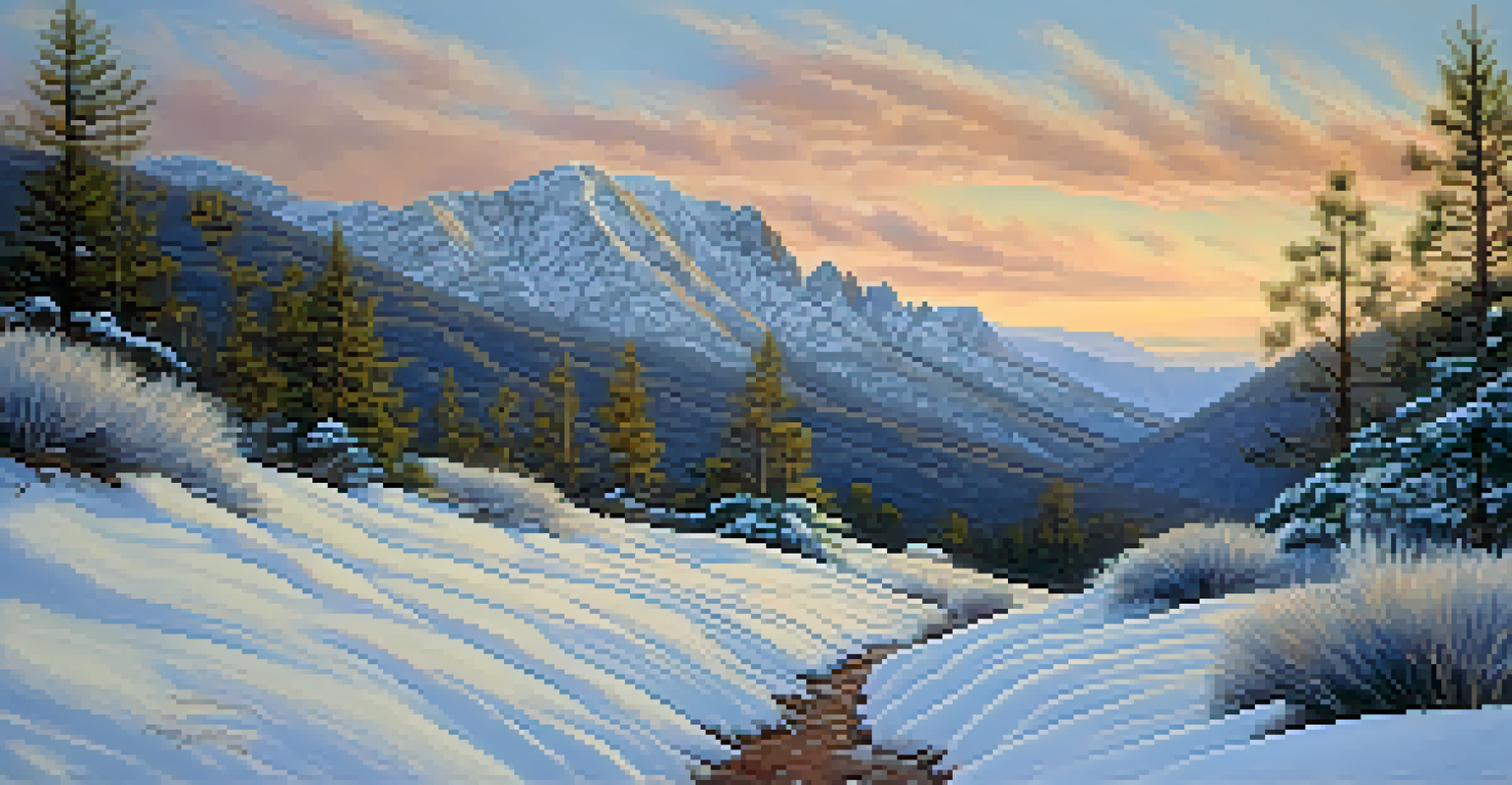 A snowy landscape in the Catalina Mountains with a hiking trail leading through pine trees, illuminated by early morning light.