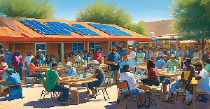 A community workshop in Tucson with residents of various backgrounds actively learning about renewable energy, surrounded by educational displays and bright banners.