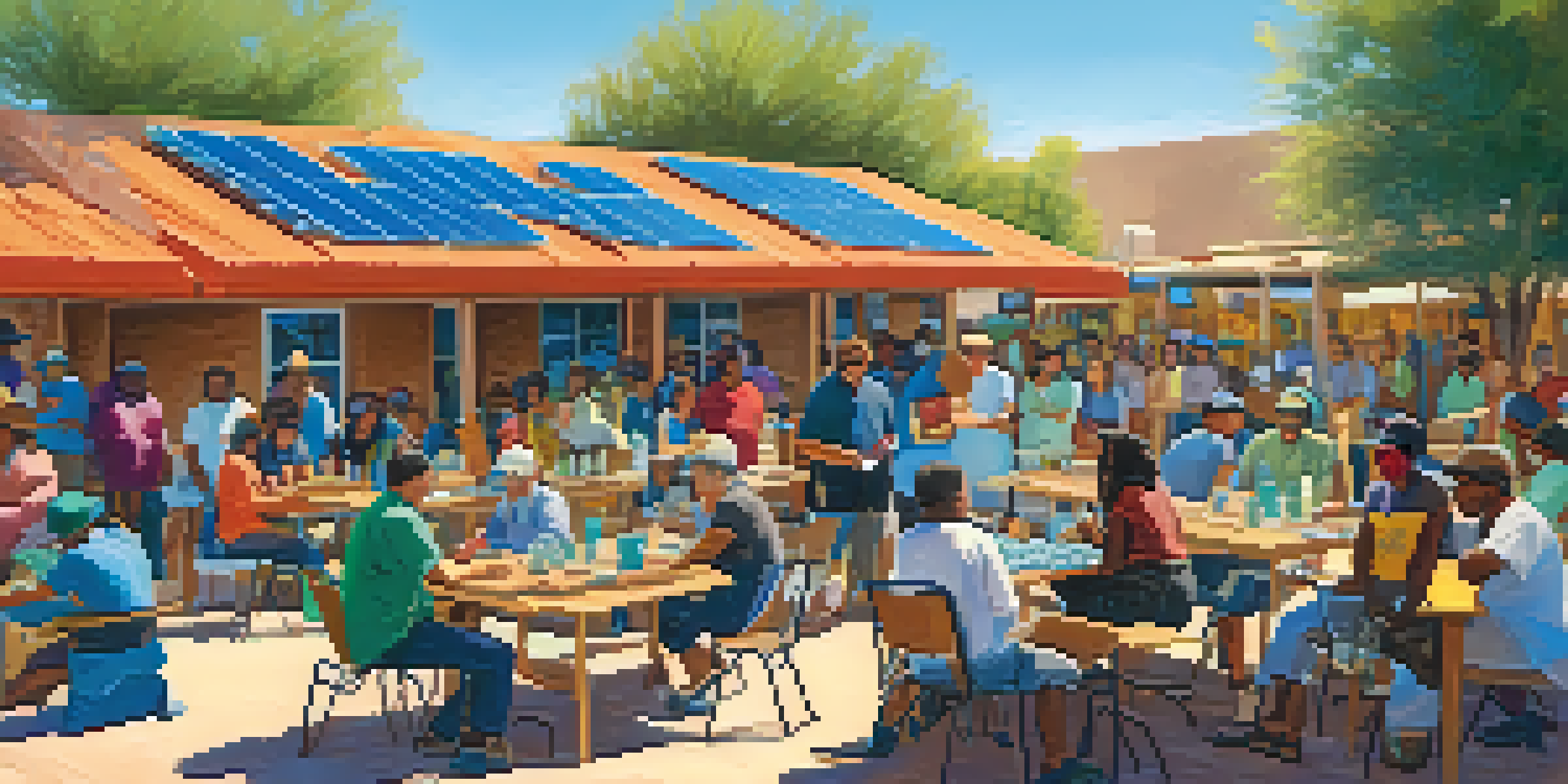 A community workshop in Tucson with residents of various backgrounds actively learning about renewable energy, surrounded by educational displays and bright banners.