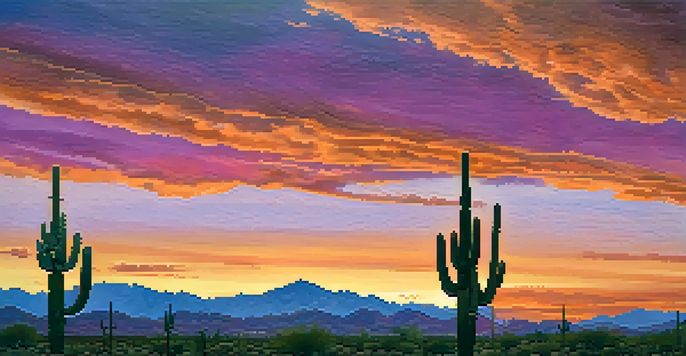 A colorful sunset over the Tucson desert featuring saguaro cacti and mountains in the background.