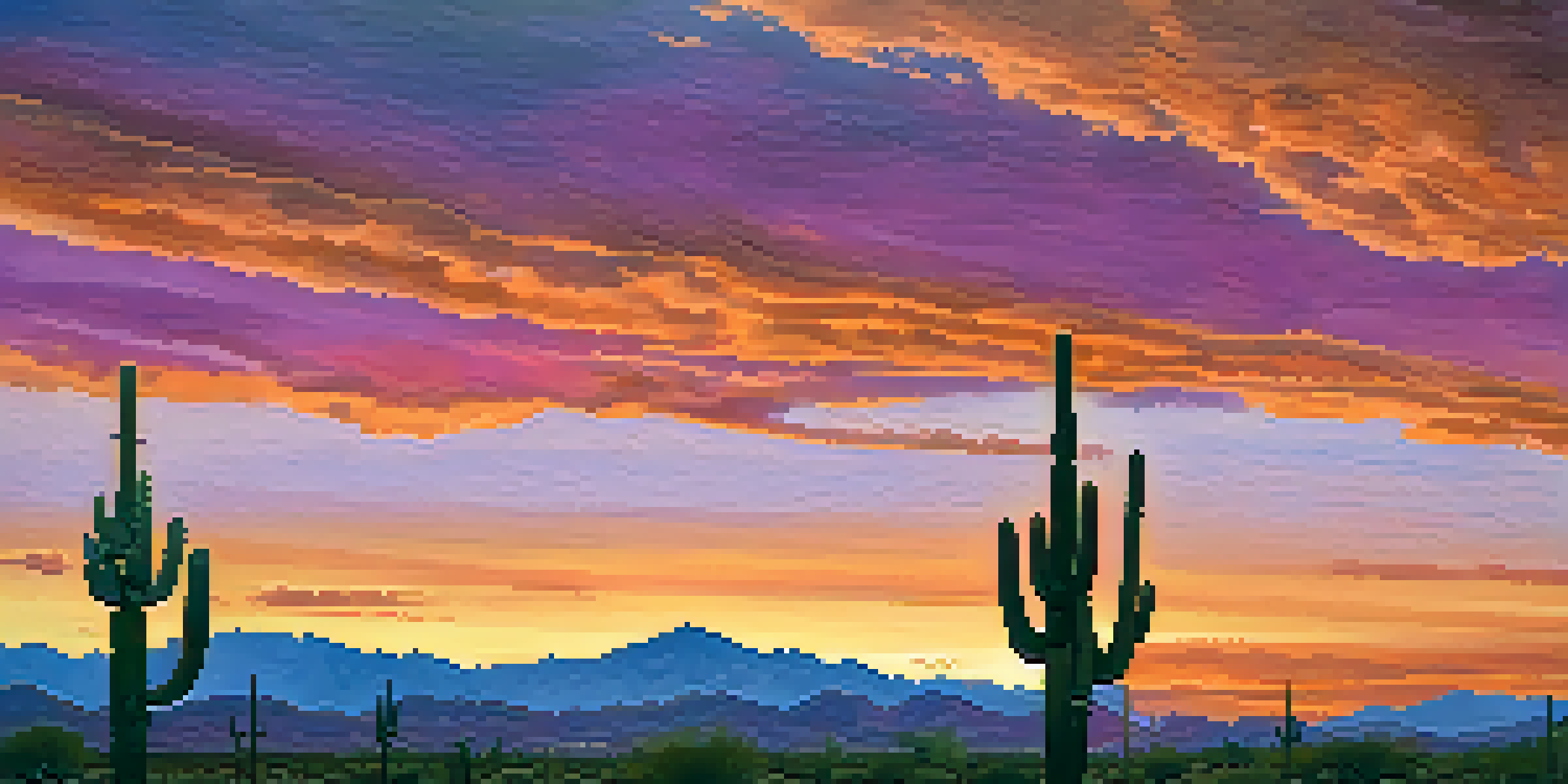 A colorful sunset over the Tucson desert featuring saguaro cacti and mountains in the background.
